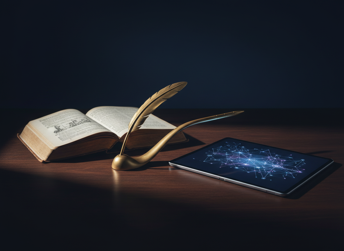 A refined, symbolic still life representing the transformation from history to “Her Story.” On a dark wood table, an open antique history book with yellowed pages lies beside a sleek, ultra-thin tablet displaying a softly glowing, abstract network map. Between them, a gently curving metal sculpture of a quill morphs into a modern stylus, finished in brushed gold. A deep navy background and a single focused key light from the side create dramatic contrasts and long, elegant shadows. Photographic realism, tight framing with the objects arranged along the rule of thirds, the atmosphere intellectual and aspirational, suggesting women rewriting narratives and shaping the future with sophistication and intent.