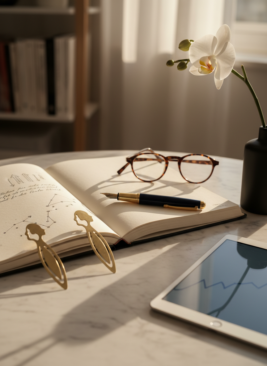 An intimate, close-up scene of a marble-topped workspace, arranged like a vision-planning ritual for women’s futures. A large, open notebook with thick, cream pages lies at the center, its surface illuminated by warm afternoon sunlight. Around it, elegant metal bookmarks shaped like abstract female profiles, a vintage fountain pen resting at a diagonal, a pair of tortoiseshell glasses, and a slim tablet displaying a blurred graph of upward growth. A single white orchid in a matte-black vase stands at the edge of the frame. Shot from a slightly elevated angle in photographic realism, with a shallow depth of field that softens the background, the composition feels refined, introspective, and quietly determined.