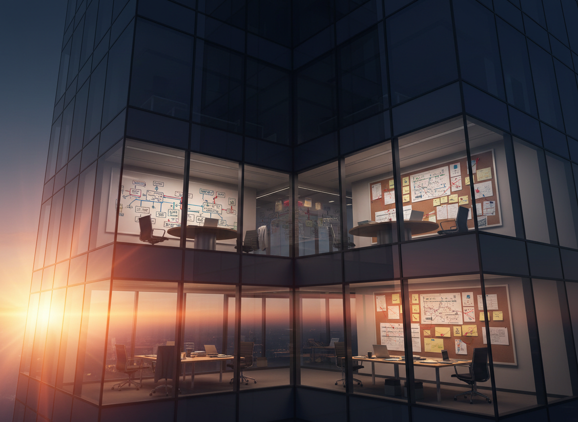 A high-contrast, photographic image of a glass skyscraper façade at dawn, its mirrored surface reflecting the sky’s transition from deep indigo to rose-gold. Several corner offices are visible through the glass, each carefully staged: one with a large whiteboard filled with colorful strategy diagrams, another with a round table holding diverse laptops and notebooks, another with a pinboard of overlapping project roadmaps. No people appear, yet chairs are pulled back, coffee cups half-full, and jackets draped over seats, implying active women leaders at work. The rising sun creates a luminous gradient and sharp, elegant reflections. Shot from a low upward angle, the composition feels ambitious, global, and sophisticated, suggesting women shaping the future skyline of power.