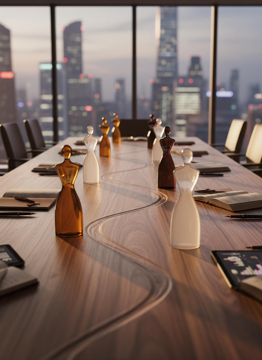A long, polished walnut conference table symbolized as the central “her story” timeline, its grain flowing like a river of history. Along the table, elegant glass markers, sculpted as abstract female silhouettes in varied heights and subtle skin-tone hues, stand beside open leather-bound notebooks, tablets, and fountain pens. Floor-to-ceiling windows reveal a blurred modern city skyline at dusk. Soft, golden hour light washes across the table, catching reflections in the glass markers and casting elongated shadows. Shot at eye level with shallow depth of field, photographic realism, the mood is sophisticated, powerful, and forward-looking, evoking women’s leadership without showing any people directly.