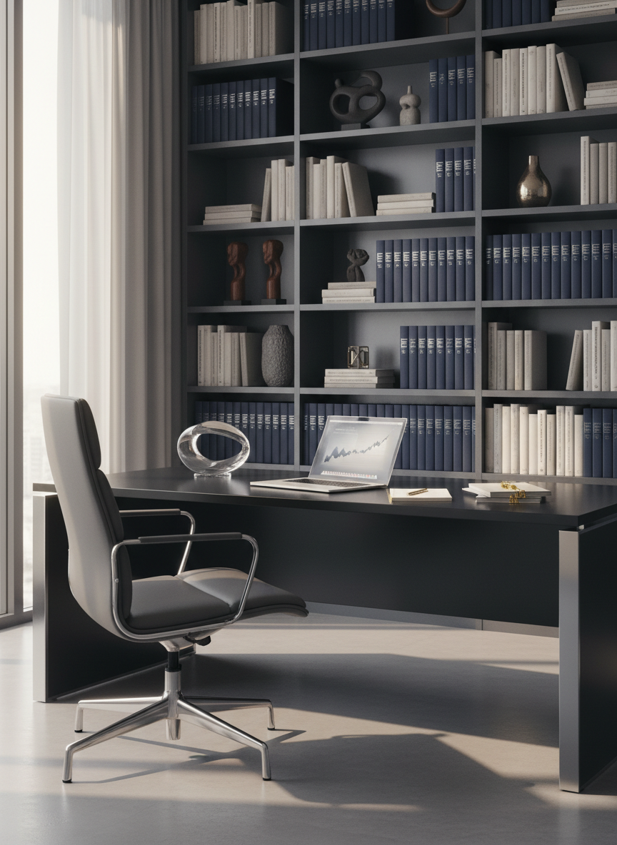 A minimalist, high-end office corner featuring a single, ergonomically curved executive chair pushed back from a sleek black desk, left intentionally empty to suggest an absent yet powerful woman leader. On the desk, an open laptop, a crystal award shaped as a rising arc, and a small stack of annotated documents with gold paperclips. Behind, a tall bookcase with hardback titles in deep navy and ivory spines, and sculptural, non-figurative art pieces hinting at diverse cultures. Diffused daylight from a large window creates soft highlights on metal and glass, with gentle shadows for depth. Photographic realism, three-quarter angle composition, calm yet ambitious mood, subtly conveying women’s empowerment in professional spaces.