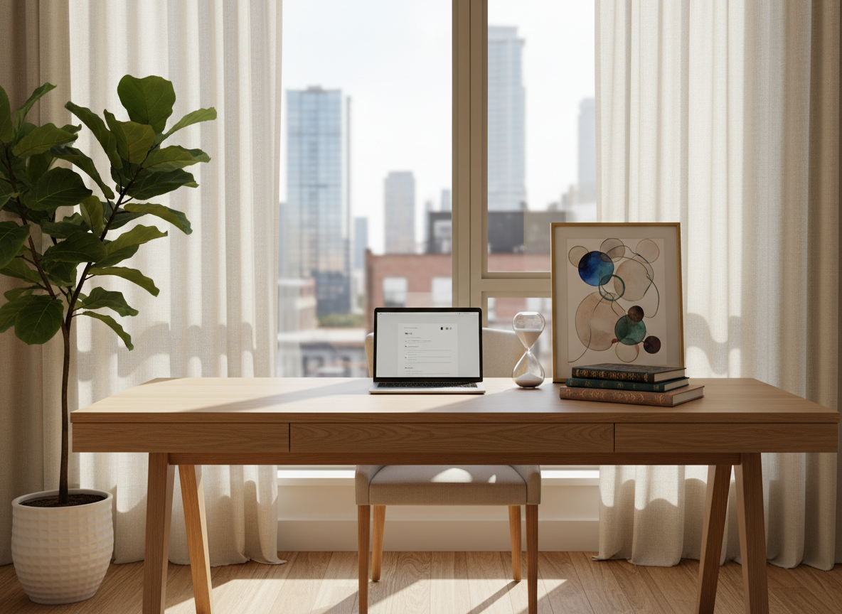 A serene yet powerful home office sanctuary designed for a woman entrepreneur. A light oak desk stands near a tall window framed by floor-length linen curtains, overlooking a softly blurred cityscape. On the desk: a sleek laptop, a stack of embossed notebooks, a sand timer with rose-gold metal, and a framed abstract artwork of interlocking circles in muted jewel tones. A large, leafy plant introduces organic texture. Late-morning natural light streams in, casting gentle shadows across the desk surface and creating a calm, focused atmosphere. Photographic realism, eye-level shot with balanced composition, conveying sophisticated ambition, boundaries, and self-directed success without any visible human presence.