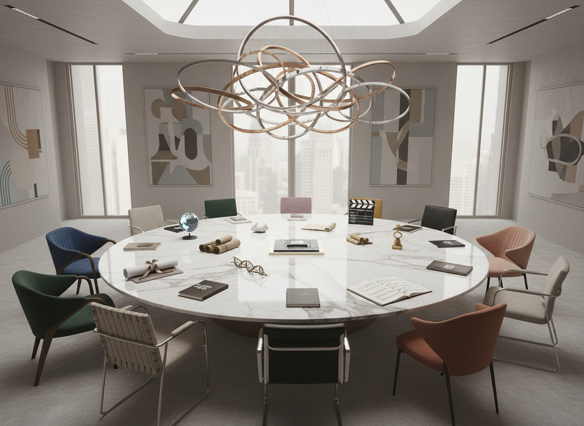 A symbolic “boardroom of the future” rendered in photographic realism: a circular marble table with twelve distinct, empty chairs upholstered in varied fabrics—velvet, leather, linen—in a spectrum of rich, understated colors. At each place setting, a unique object hints at a different woman’s leadership path: a rolled blueprint, a microchip prototype, a legal brief, a conductor’s score, a lab notebook, a film clapboard. Overhead, a sculptural chandelier of interwoven metal rings suggests interconnected stories. Soft, diffused skylight from above creates even illumination and subtle reflections in the marble. Captured from a slightly elevated, wide-angle perspective, the mood is inclusive, visionary, and sophisticated, evoking many women’s stories converging in shared power.